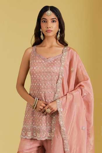 Buy_Meenagurnam_Peach Tissue Sequins, Beads, Pearls Embellished Straight Kurta Gharara Set _Online_at_Aza_Fashions