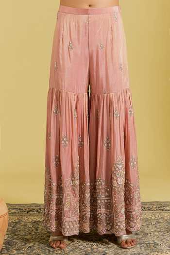Shop_Meenagurnam_Peach Tissue Sequins, Beads, Pearls Embellished Straight Kurta Gharara Set _Online_at_Aza_Fashions