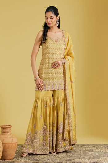 Meenagurnam_Mustard Tissue Sequins, Beads, Pearls Floral Embellished Kurta Gharara Set _Online_at_Aza_Fashions
