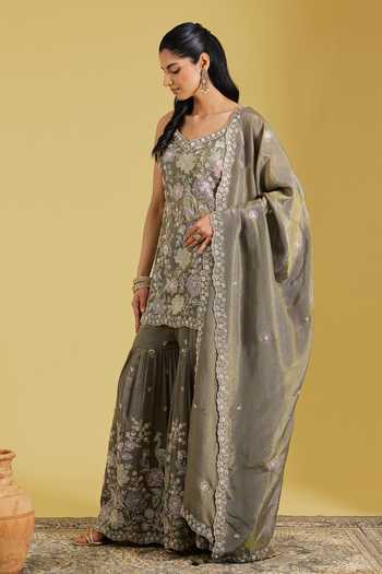 Meenagurnam_Grey Tissue Embroidery, Sequins, Pearls Resham Cutdana Jaal Kurta And Gharara Set _Online_at_Aza_Fashions