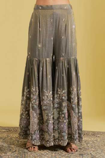 Buy_Meenagurnam_Grey Tissue Embroidery, Sequins, Pearls Resham Cutdana Jaal Kurta And Gharara Set _Online_at_Aza_Fashions