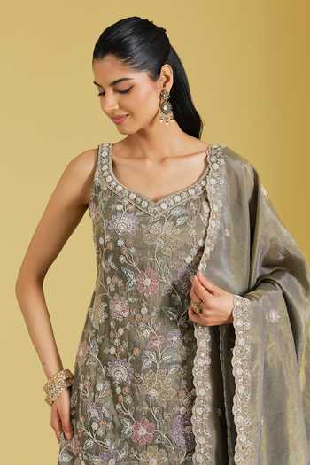 Shop_Meenagurnam_Grey Tissue Embroidery, Sequins, Pearls Resham Cutdana Jaal Kurta And Gharara Set _Online_at_Aza_Fashions