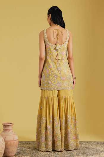 Meenagurnam Resham Cutdana Floral Embroidered Kurta Gharara Set 
