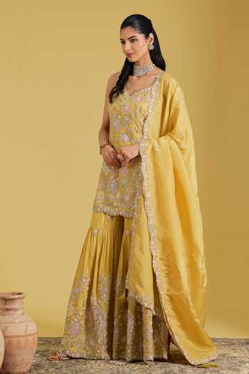 Meenagurnam_Mustard Tissue Embroidery, Sequins, Resham Cutdana Floral Kurta Gharara Set _Online_at_Aza_Fashions