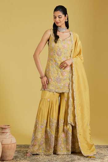 Meenagurnam Resham Cutdana Floral Embroidered Kurta Gharara Set 