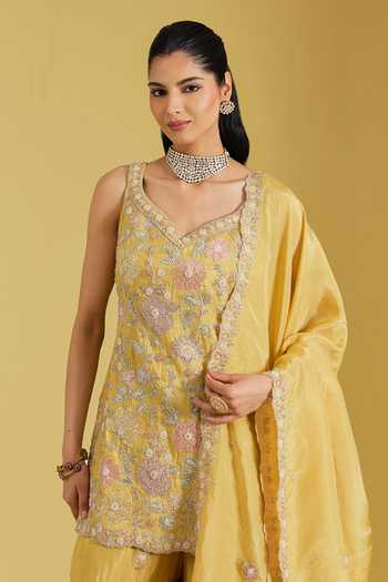 Buy_Meenagurnam_Mustard Tissue Embroidery, Sequins, Resham Cutdana Floral Kurta Gharara Set _Online_at_Aza_Fashions
