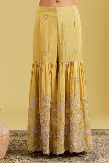 Shop_Meenagurnam_Mustard Tissue Embroidery, Sequins, Resham Cutdana Floral Kurta Gharara Set _Online_at_Aza_Fashions