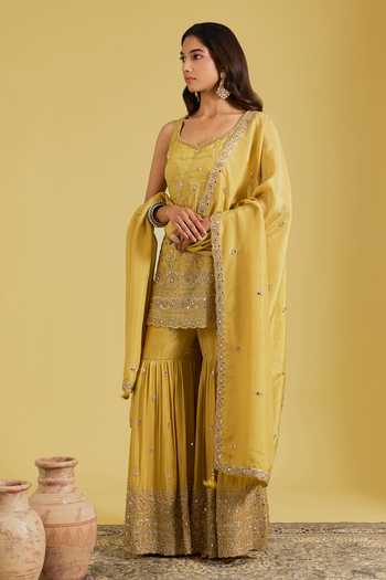 Meenagurnam_Mustard Tissue Sequins, Beads, Zari Patra Floral Embroidered Kurta Gharara Set _Online_at_Aza_Fashions