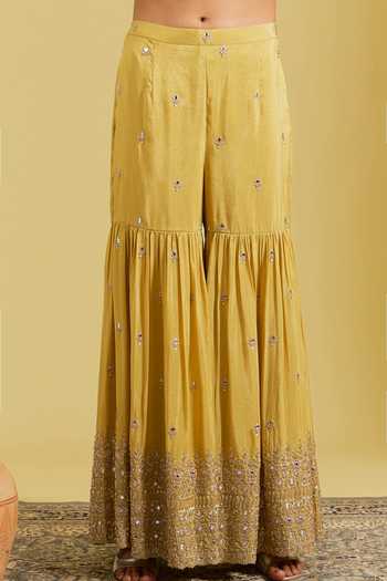 Shop_Meenagurnam_Mustard Tissue Sequins, Beads, Zari Patra Floral Embroidered Kurta Gharara Set _Online_at_Aza_Fashions