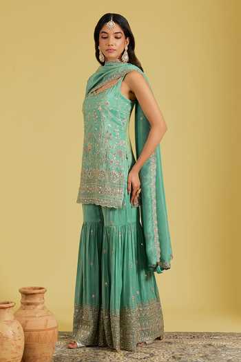 Meenagurnam_Green Tissue Embroidery, Sequins, Beads, Zari Patra Kurta Set _Online_at_Aza_Fashions