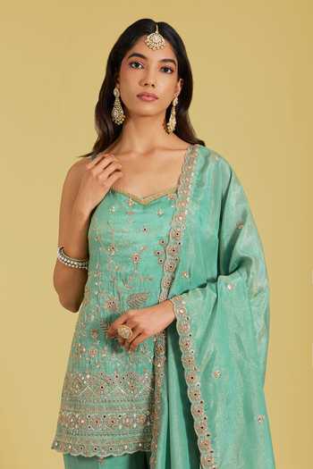 Buy_Meenagurnam_Green Tissue Embroidery, Sequins, Beads, Zari Patra Kurta Set _Online_at_Aza_Fashions