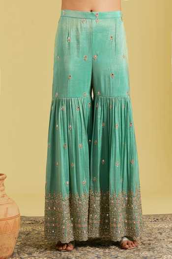Shop_Meenagurnam_Green Tissue Embroidery, Sequins, Beads, Zari Patra Kurta Set _Online_at_Aza_Fashions