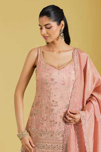 Buy_Meenagurnam_Peach Tissue Embroidery, Sequins, Beads, Zari Patra Kurta And Gharara Set _Online_at_Aza_Fashions