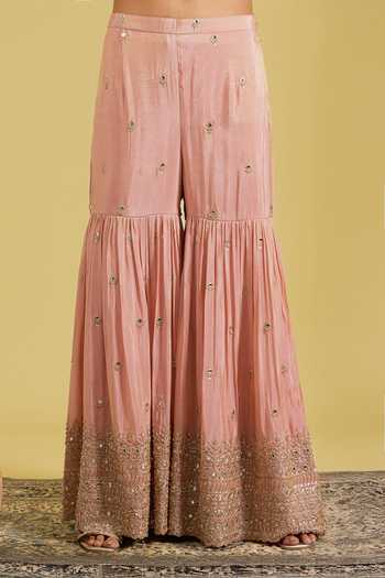 Shop_Meenagurnam_Peach Tissue Embroidery, Sequins, Beads, Zari Patra Kurta And Gharara Set _Online_at_Aza_Fashions