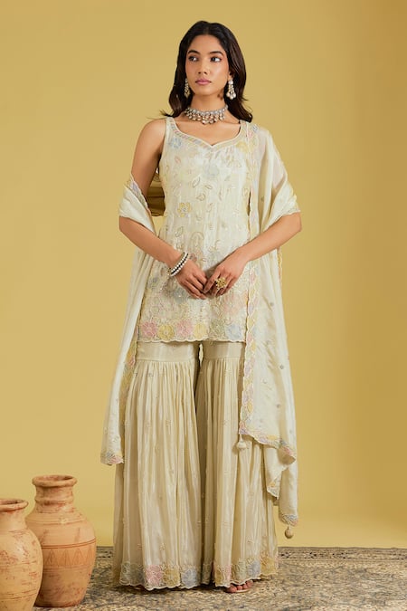 Meenagurnam Flower Jaal Embroidered Kurta Gharara Set 