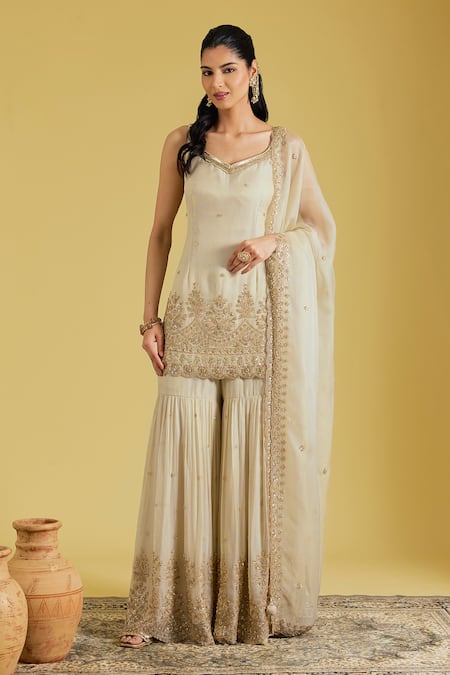 Meenagurnam Motif Embroidered Kurta Gharara Set 