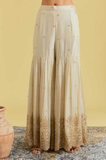 Buy_Meenagurnam_Beige Tissue Embroidery, Sequins, Beads V-neck Motif Kurta Gharara Set _Online_at_Aza_Fashions