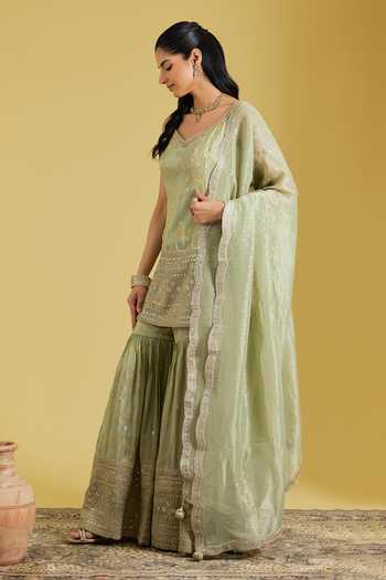 Meenagurnam_Green Tissue Sequins, Beads V-neck Woven And Embroidered Kurta Gharara Set _Online_at_Aza_Fashions