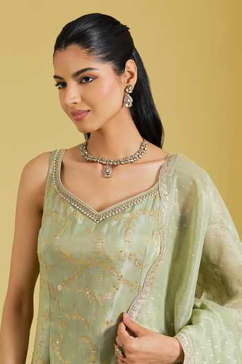 Buy_Meenagurnam_Green Tissue Sequins, Beads V-neck Woven And Embroidered Kurta Gharara Set _Online_at_Aza_Fashions