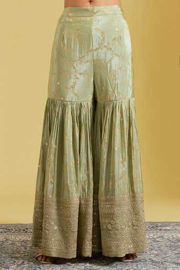 Shop_Meenagurnam_Green Tissue Sequins, Beads V-neck Woven And Embroidered Kurta Gharara Set _Online_at_Aza_Fashions