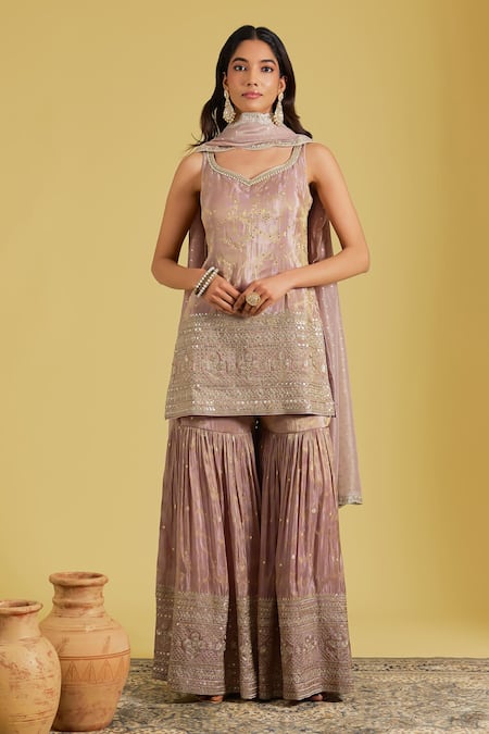Meenagurnam Embroidered Kurta Gharara Set 