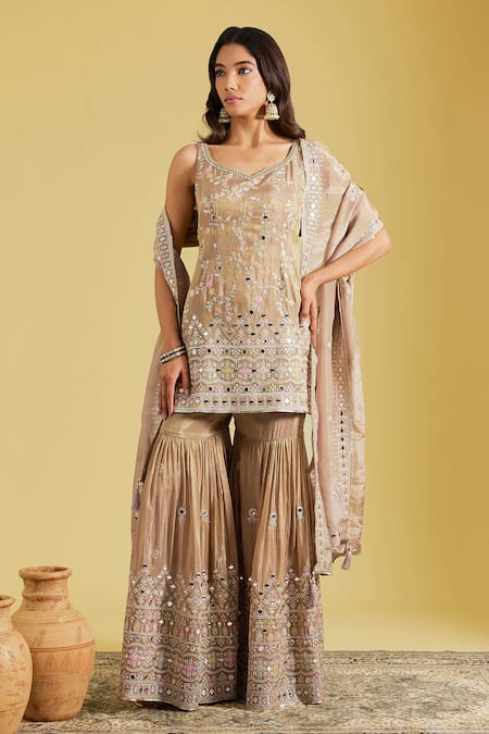 Meenagurnam Mirror Floral Embroidered Kurta Gharara Set 