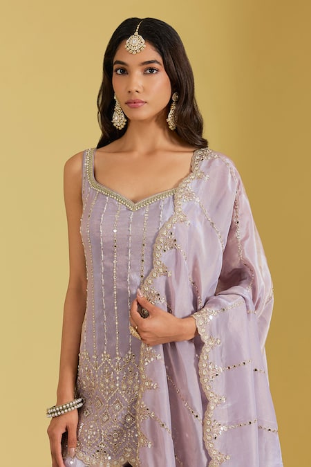 Buy_Meenagurnam_Lilac Tissue Sequins, Beads, Mirrors And Work Kurta Gharara Set _Online_at_Aza_Fashions