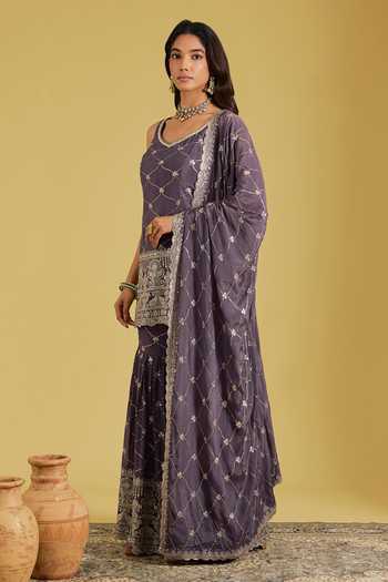 Meenagurnam_Purple Chinon Sequins, Zari Geometric Jaal Embroidered Kurta Gharara Set _Online_at_Aza_Fashions