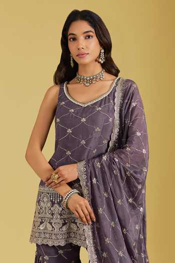 Buy_Meenagurnam_Purple Chinon Sequins, Zari Geometric Jaal Embroidered Kurta Gharara Set _Online_at_Aza_Fashions