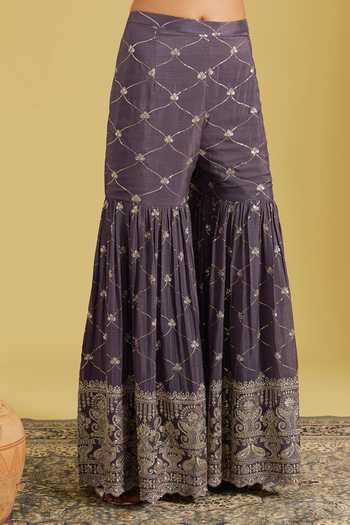 Shop_Meenagurnam_Purple Chinon Sequins, Zari Geometric Jaal Embroidered Kurta Gharara Set _Online_at_Aza_Fashions