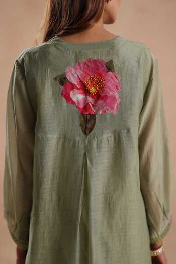 Buy_Begum_Green Chanderi Silk, Cotton Embroidery, Applique V-neck Kamal Kurta And Pant Set 
