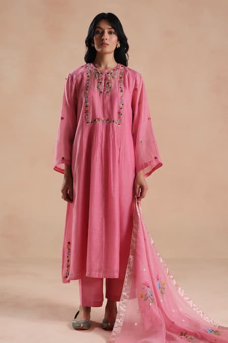 Shop Begum Pink Chanderi Silk, Cotton Embroidery, Zari Jheel Flower Kurta Set Online at Aza Fashions Shop_Begum_Pink Chanderi Silk, Cotton Embroidery, Zari Jheel Flower Kurta Set _Online_at_Aza_Fashions