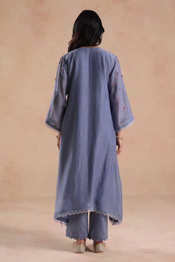 Shop Begum Blue Chanderi Silk, Cotton, Organza Embroidery Keyhole Neck, Evara Kurta Set at Aza Fashions Shop_Begum_Blue Chanderi Silk, Cotton, Organza Embroidery Keyhole Neck, Evara Kurta Set _at_Aza_Fashions