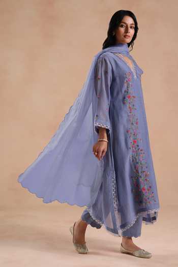 Begum Blue Chanderi Silk, Cotton, Organza Embroidery Keyhole Neck, Evara Kurta Set at Aza Fashions Begum_Blue Chanderi Silk, Cotton, Organza Embroidery Keyhole Neck, Evara Kurta Set _at_Aza_Fashions