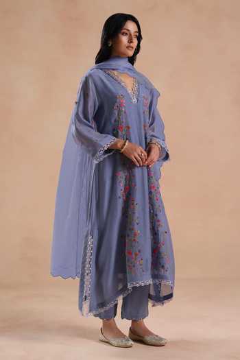 Buy Begum Blue Chanderi Silk, Cotton, Organza Embroidery Keyhole Neck, Evara Kurta Set Buy_Begum_Blue Chanderi Silk, Cotton, Organza Embroidery Keyhole Neck, Evara Kurta Set