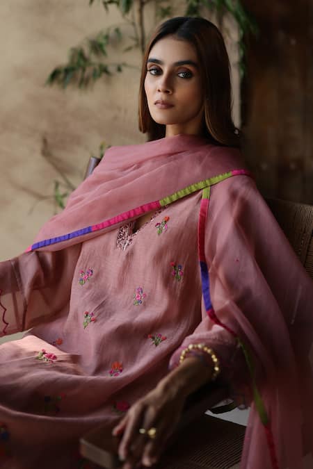 Shop_Begum_Brown Chanderi Silk, Cotton, Organza Embroidery Evara Kurta Set _Online_at_Aza_Fashions