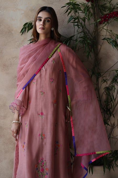 Shop_Begum_Brown Chanderi Silk, Cotton, Organza Embroidery Evara Kurta Set 