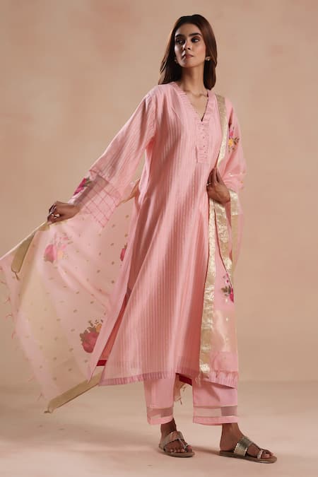 Shop_Begum_Pink Silk, Chanderi, Jacquard, Cotton Embroidery, Zari Sidra Kurta Set _Online_at_Aza_Fashions