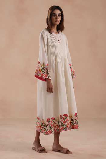 Begum_Ivory Chanderi Silk, Cotton Embroidery Round Neck Swara Dress _Online_at_Aza_Fashions