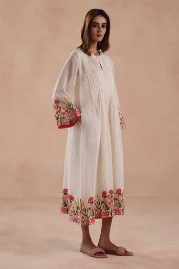 Shop_Begum_Ivory Chanderi Silk, Cotton Embroidery Round Neck Swara Dress _Online_at_Aza_Fashions