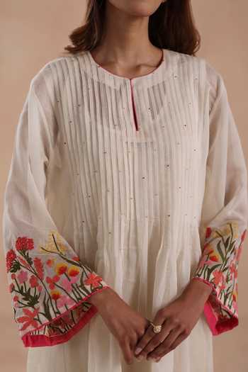 Begum_Ivory Chanderi Silk, Cotton Embroidery Round Neck Swara Dress _at_Aza_Fashions