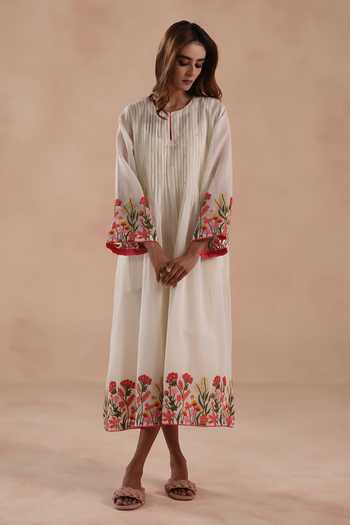 Buy_Begum_Ivory Chanderi Silk, Cotton Embroidery Round Neck Swara Dress 