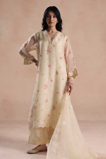 Begum_Ivory Organza, Silk Embroidery, Sequins V-neck Sareena Kurta Set _at_Aza_Fashions