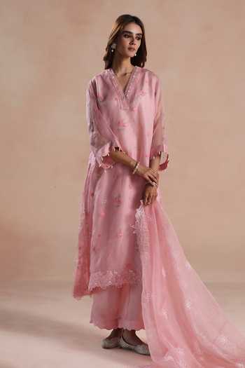 Buy Begum Pink Organza, Silk Embroidery, Sequins V-neck Sareena Kurta Set Online at Aza Fashions Buy_Begum_Pink Organza, Silk Embroidery, Sequins V-neck Sareena Kurta Set _Online_at_Aza_Fashions