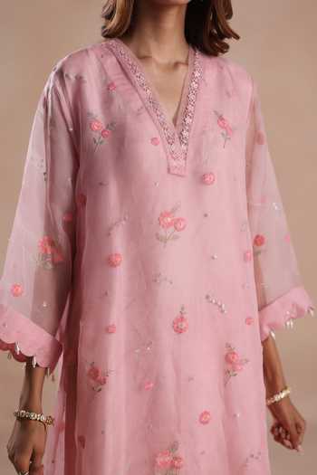 Shop Begum Pink Organza, Silk Embroidery, Sequins V-neck Sareena Kurta Set Shop_Begum_Pink Organza, Silk Embroidery, Sequins V-neck Sareena Kurta Set