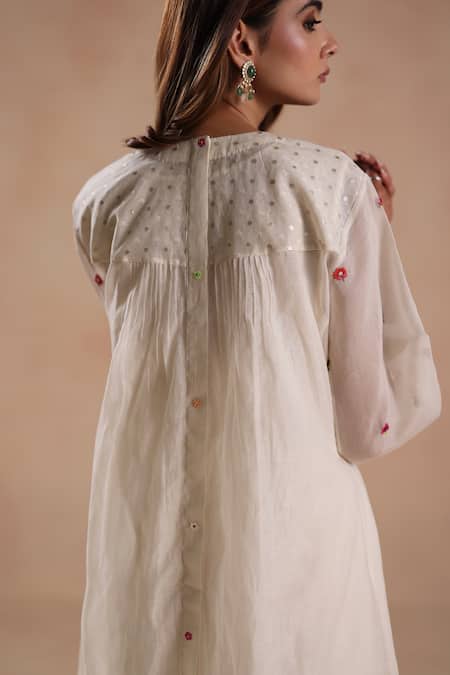 Shop_Begum_Ivory Chanderi Silk, Cotton Embroidery Jheel Kurta Set _Online_at_Aza_Fashions