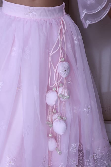 Shop_Little Loom_Pink Organza Tassels, Embroidery Floral Pattern Lehenga Set _Online_at_Aza_Fashions