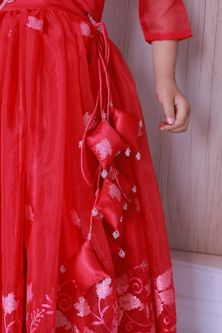 Little Loom_Magenta Cotton, Organza, Satin Embroidery, Tassels Floral Pattern Lehenga Set _at_Aza_Fashions