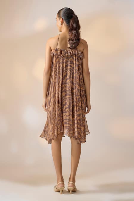 Ewoke Ruffled Halter Mini Marble Print Dress