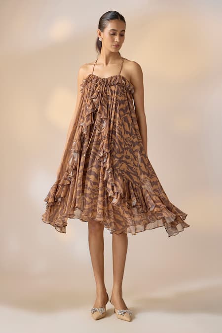 Ewoke Ruffled Halter Mini Marble Print Dress